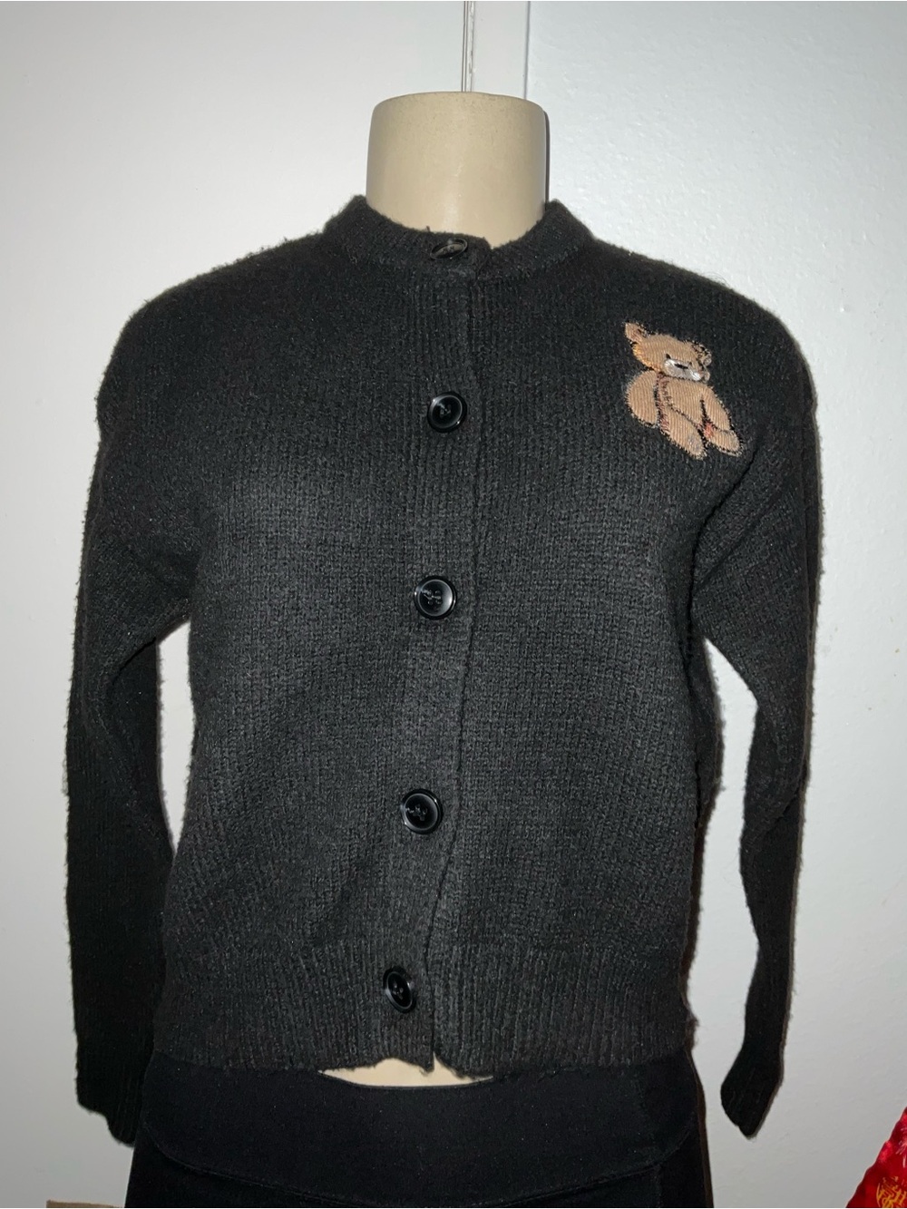 Hazel Moon women’s Black Knit embroidery Teddy Bear cardigan sweater size S